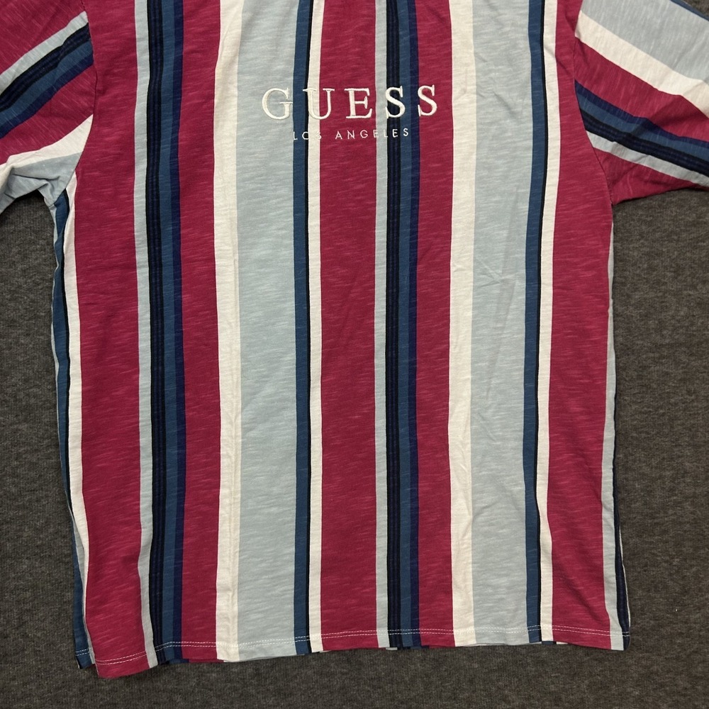 VTG 90 Guess Vertical Striped Embroidered Spellout Short Sleeve Shirt Size Small - Picture 4 of 14